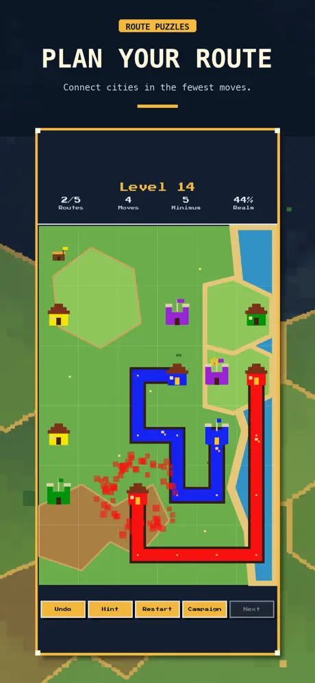 Route puzzle: connect the village castles with the fewest moves